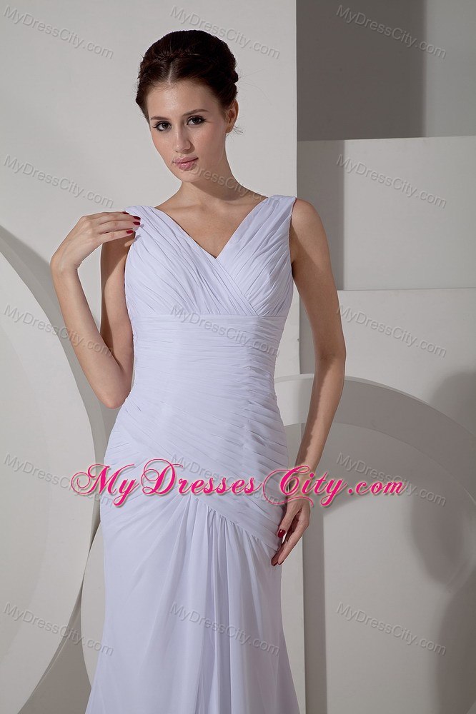 Chiffon Ruched Simple Bridal Dresses with V-neck and Court Train