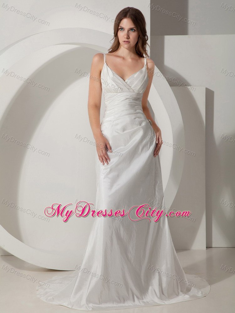 Spaghetti Straps Column Ruching Decorated Court Train Wedding Gowns