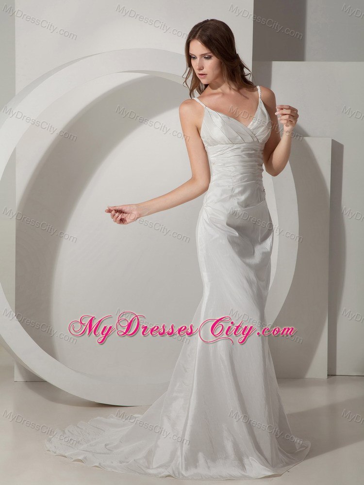 Spaghetti Straps Column Ruching Decorated Court Train Wedding Gowns