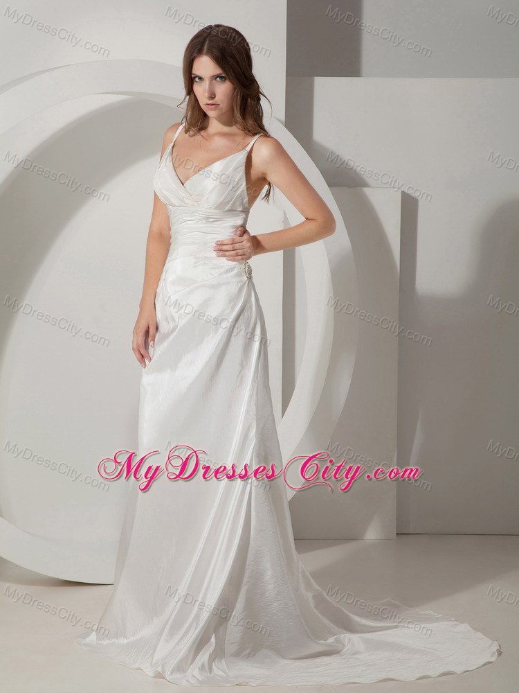 Spaghetti Straps Column Ruching Decorated Court Train Wedding Gowns