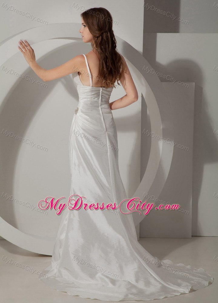 Spaghetti Straps Column Ruching Decorated Court Train Wedding Gowns