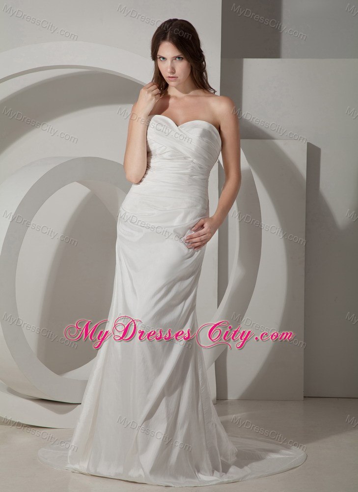 Sweetheart Sleeveless Sheath Ruched Wedding Gown with Court Train