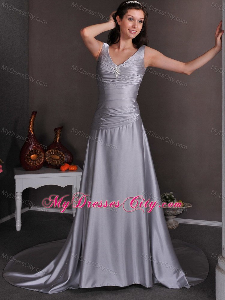 Silver V-neck Beaded Ruching Court Train Wedding Dresses with Lace Up Back