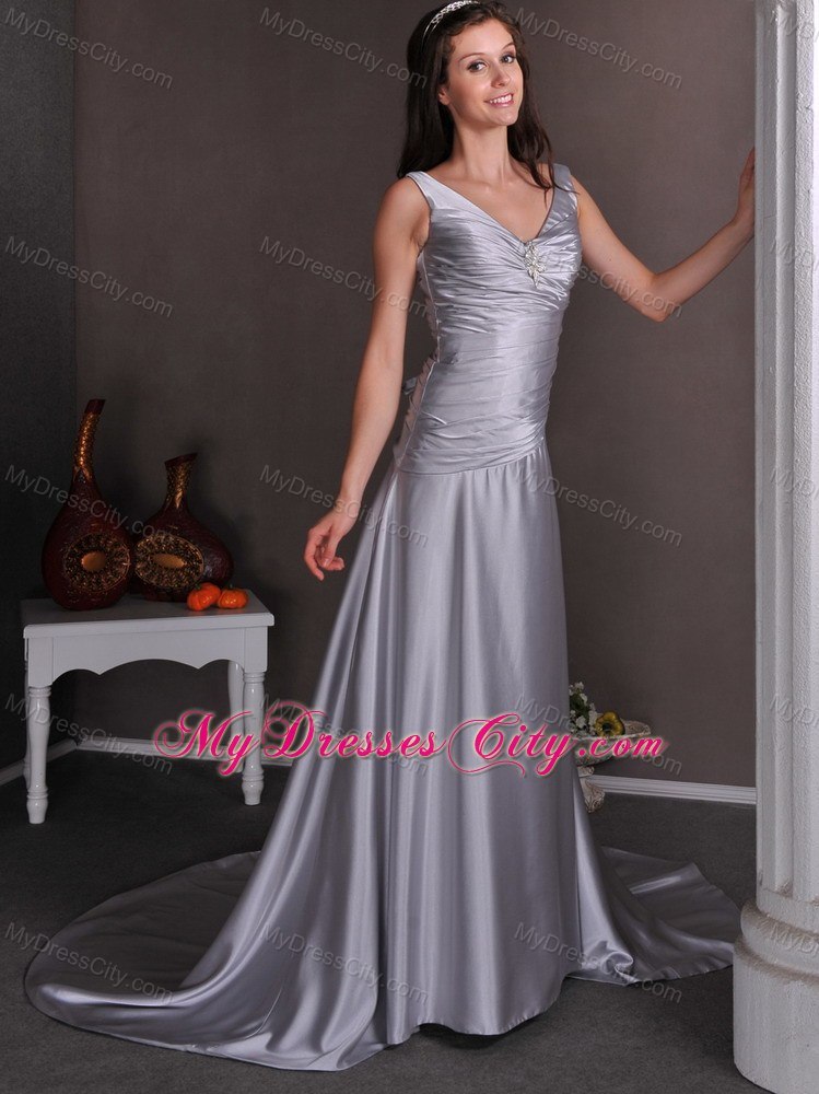 Silver V-neck Beaded Ruching Court Train Wedding Dresses with Lace Up Back