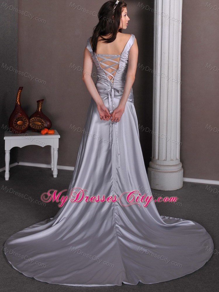 Silver V-neck Beaded Ruching Court Train Wedding Dresses with Lace Up Back