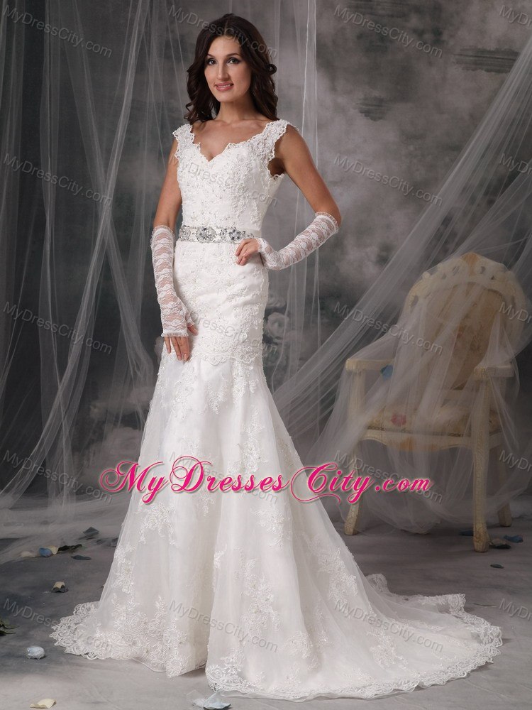 Luxurious Lace V-neck Column Court Train 2013 Garden Wedding Dresses