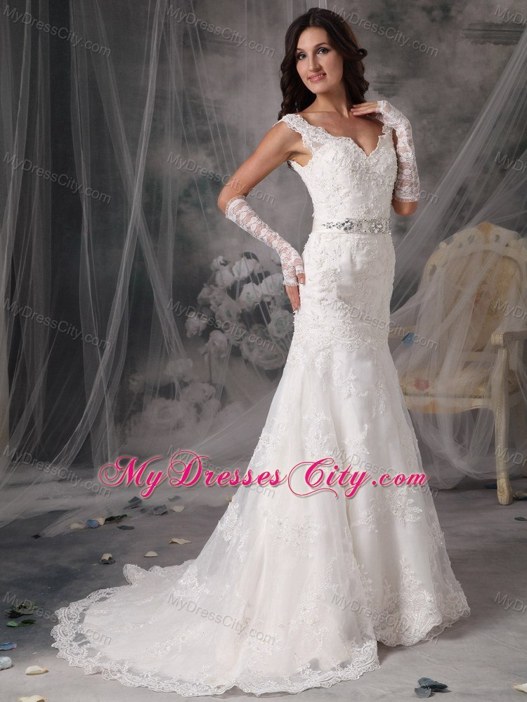 Luxurious Lace V-neck Column Court Train 2013 Garden Wedding Dresses