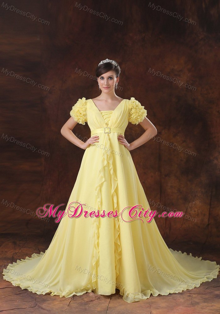 Square Neck Short Sleeves Chapel Train Maternity Wedding Dress in Yellow