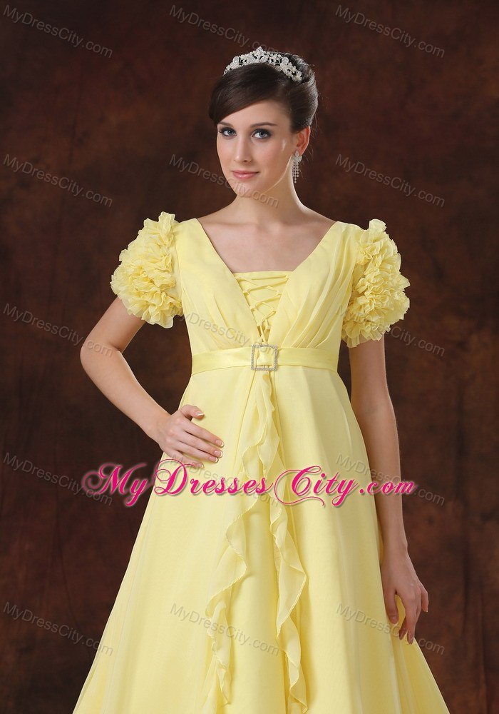 Square Neck Short Sleeves Chapel Train Maternity Wedding Dress in Yellow