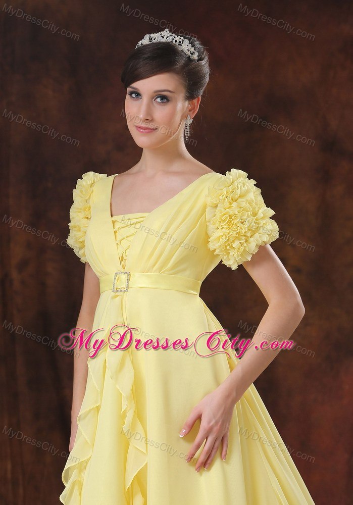 Square Neck Short Sleeves Chapel Train Maternity Wedding Dress in Yellow