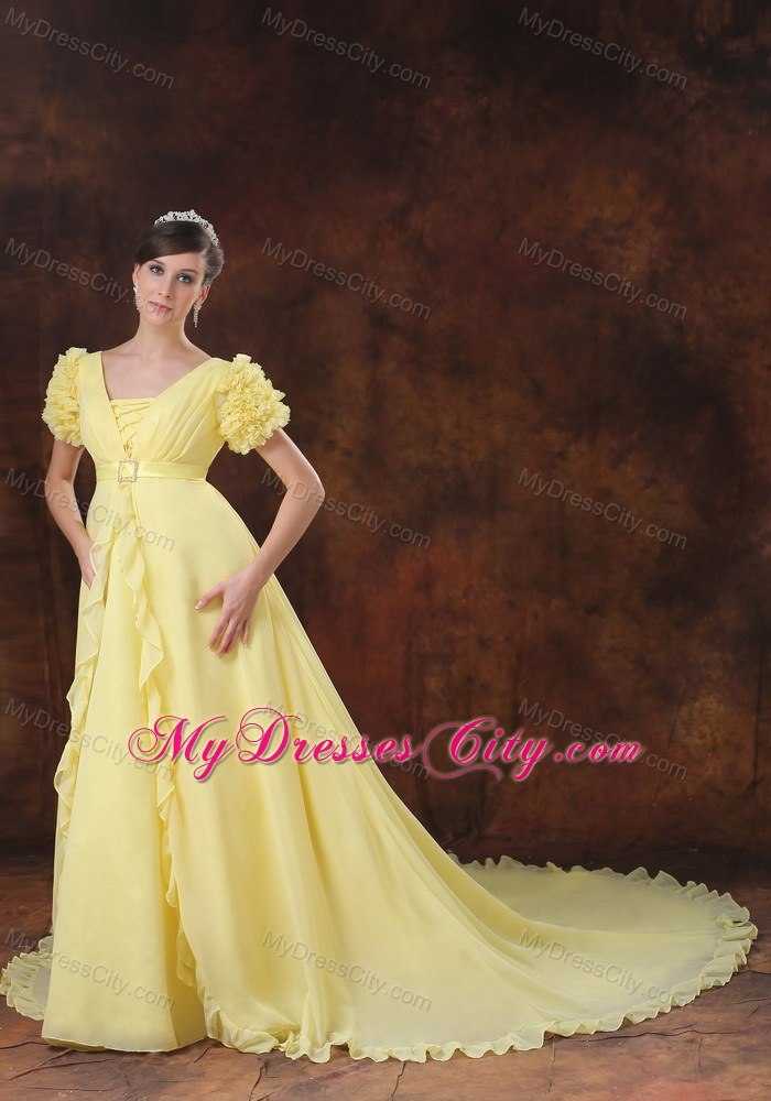 Square Neck Short Sleeves Chapel Train Maternity Wedding Dress in Yellow