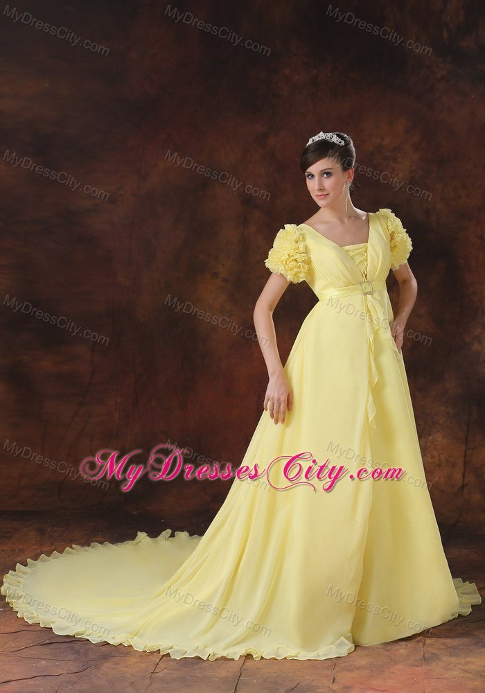 Square Neck Short Sleeves Chapel Train Maternity Wedding Dress in Yellow