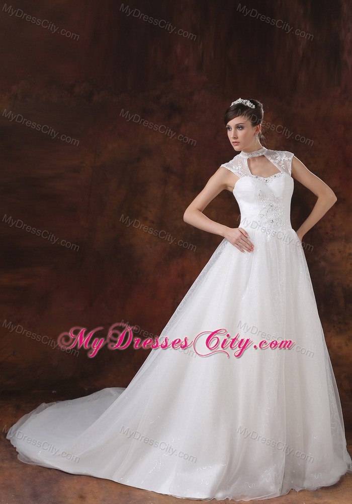 Chapel Train Embroidery with Beading for Church Wedding Dresses with Cool Neck