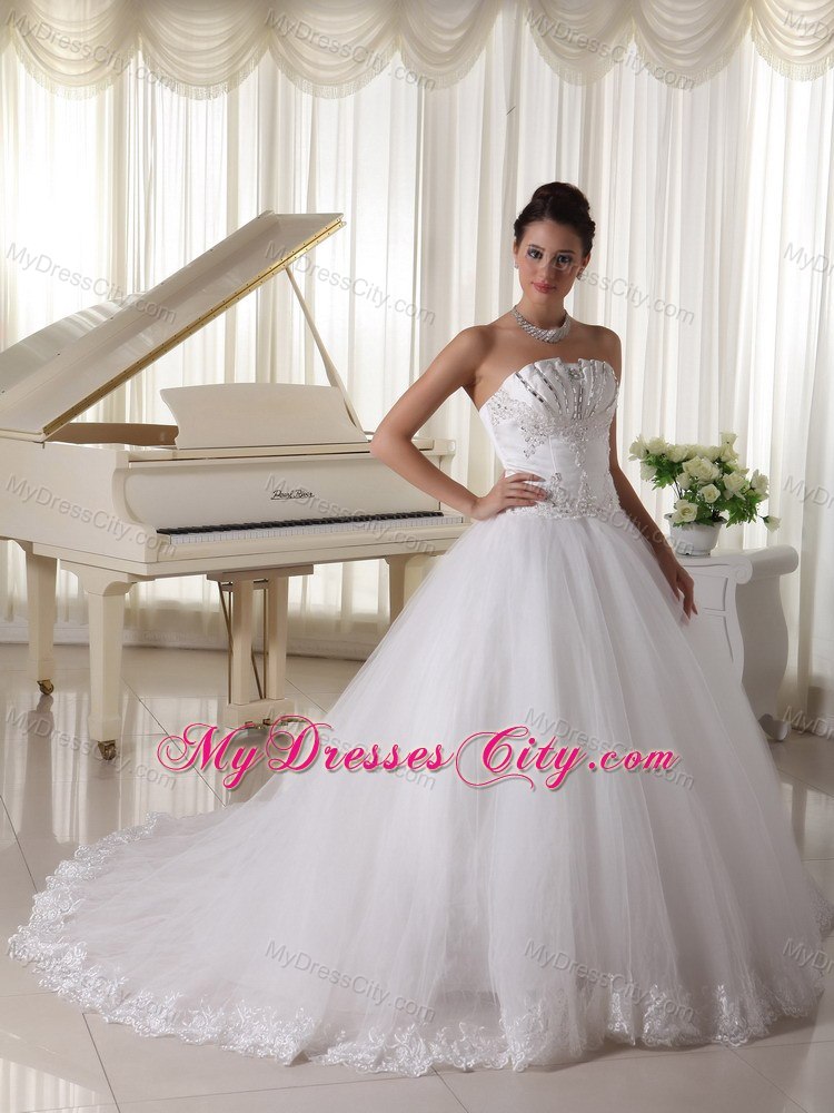 Beaded Appliques Lace Wedding Bridal Gown with Bowknot back and Rhinestones