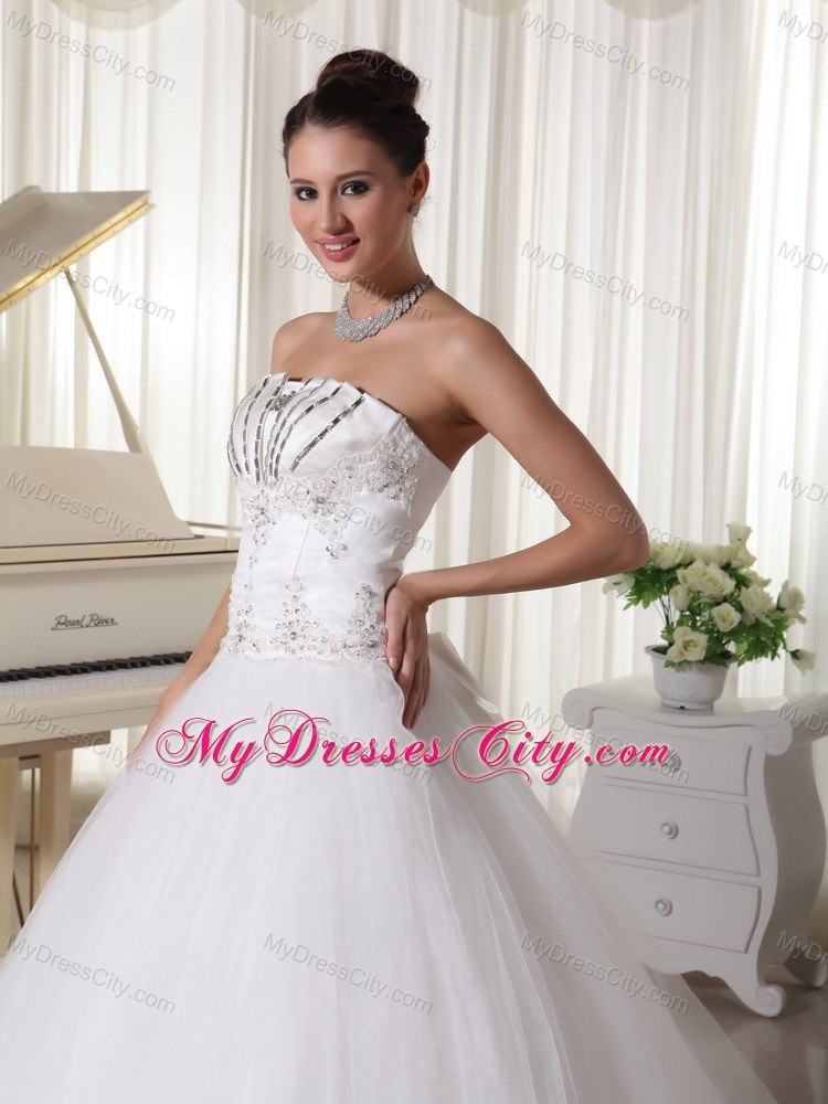 Beaded Appliques Lace Wedding Bridal Gown with Bowknot back and Rhinestones