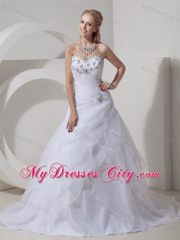 Tiers Ruched Sweetheart Court Train Wedding Dresses with Rhinestones