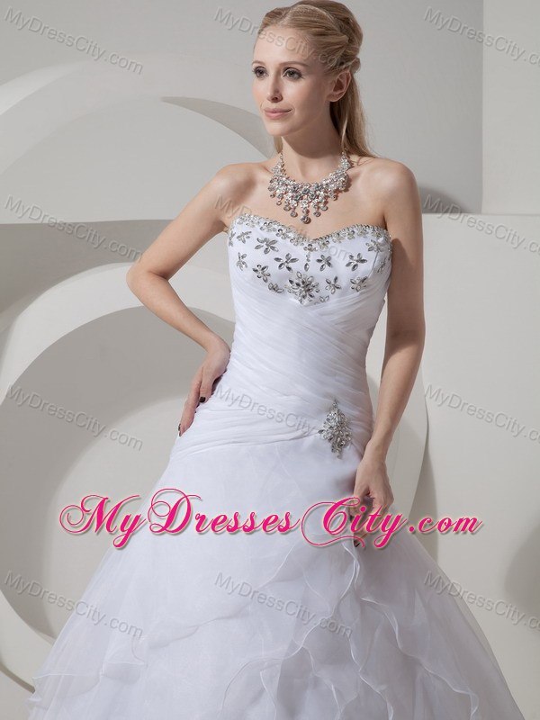 Tiers Ruched Sweetheart Court Train Wedding Dresses with Rhinestones