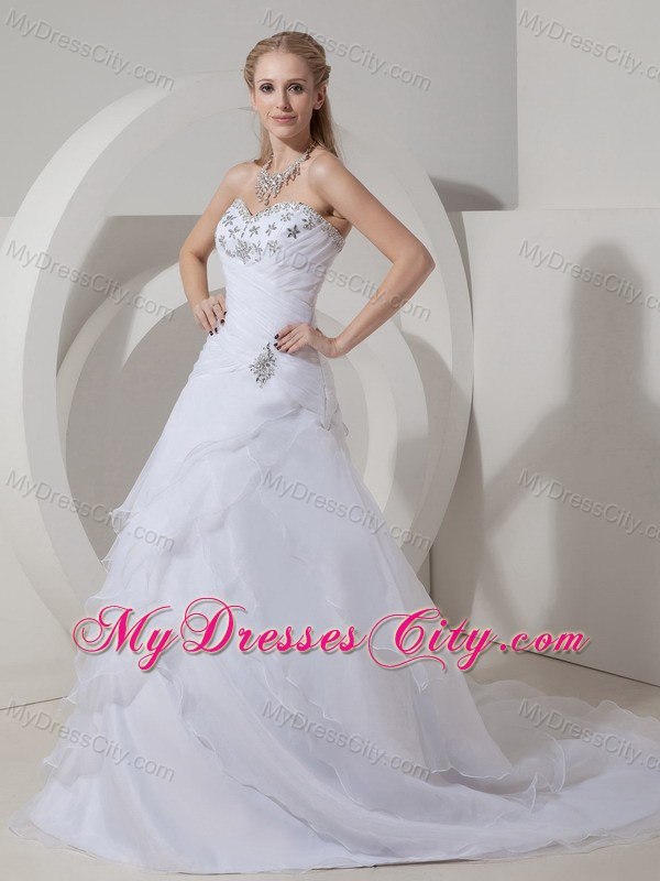 Tiers Ruched Sweetheart Court Train Wedding Dresses with Rhinestones