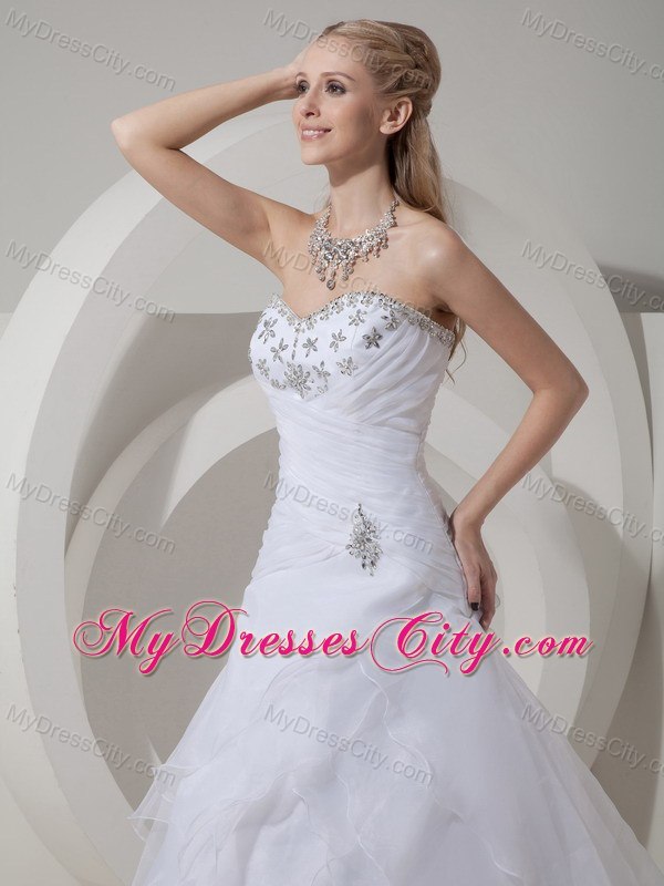 Tiers Ruched Sweetheart Court Train Wedding Dresses with Rhinestones