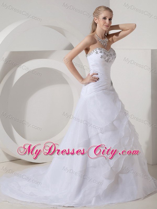 Tiers Ruched Sweetheart Court Train Wedding Dresses with Rhinestones