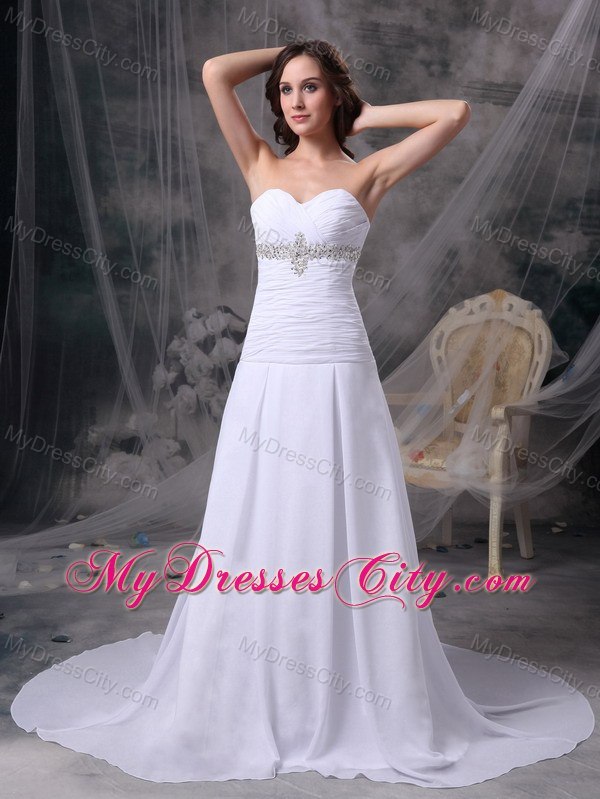 Sweetheart Ruching Beaded Court Train Chiffon Wedding Anniversary Dress