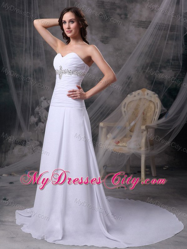 Sweetheart Ruching Beaded Court Train Chiffon Wedding Anniversary Dress