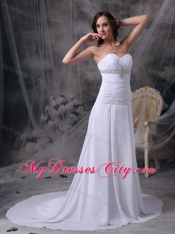 Sweetheart Ruching Beaded Court Train Chiffon Wedding Anniversary Dress