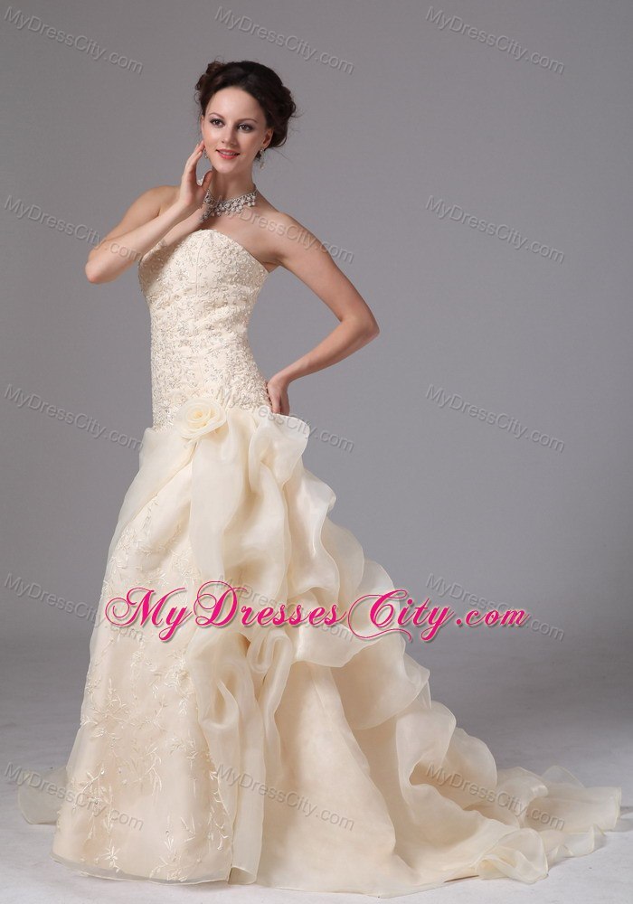 Embroidery Organza Pick Ups Court Train Champagne Wedding Bridal Gowns