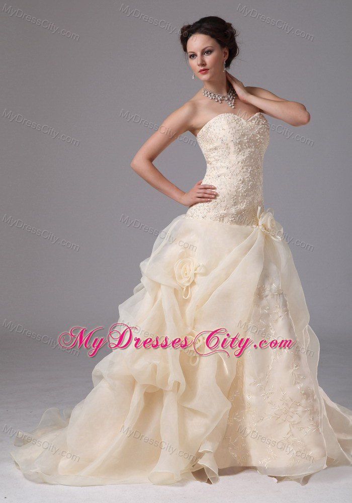 Embroidery Organza Pick Ups Court Train Champagne Wedding Bridal Gowns