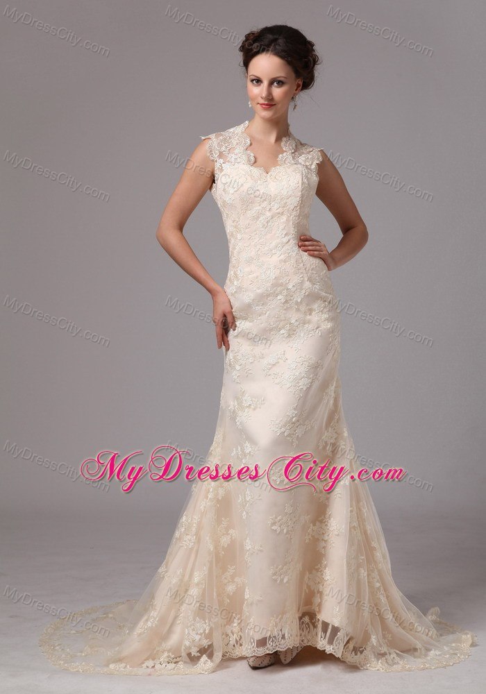 Champagne Lace Transparent Sweetheart Wedding Dress with Peekaboo Keyhole