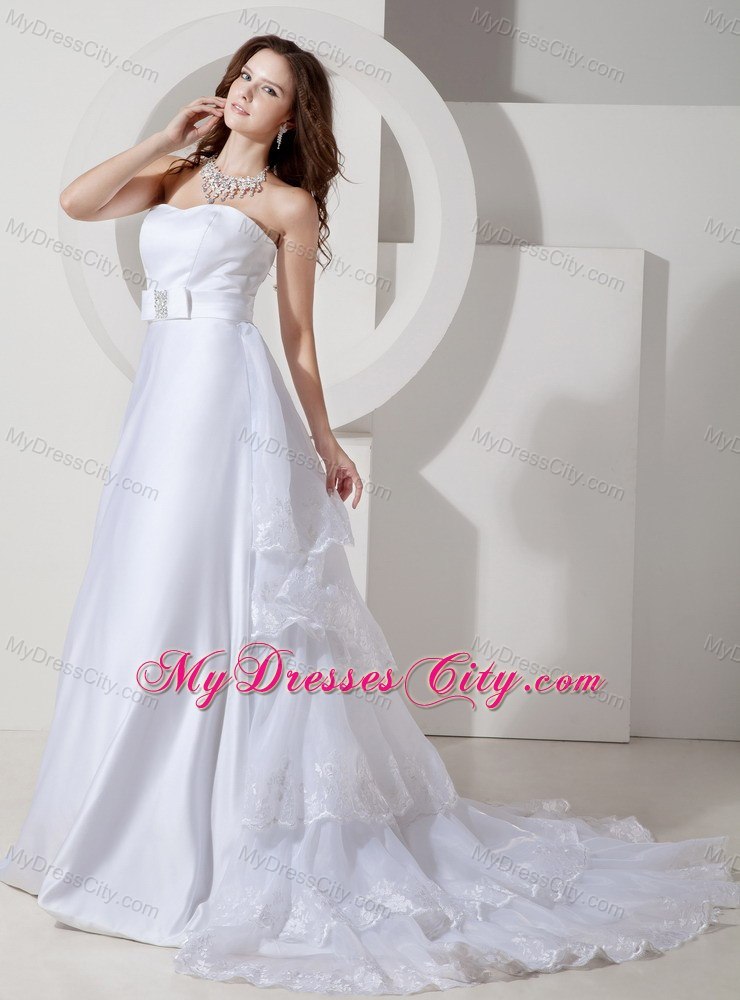 Lace Layers Back Court Train Garden Wedding Dresses with Beaded Bow