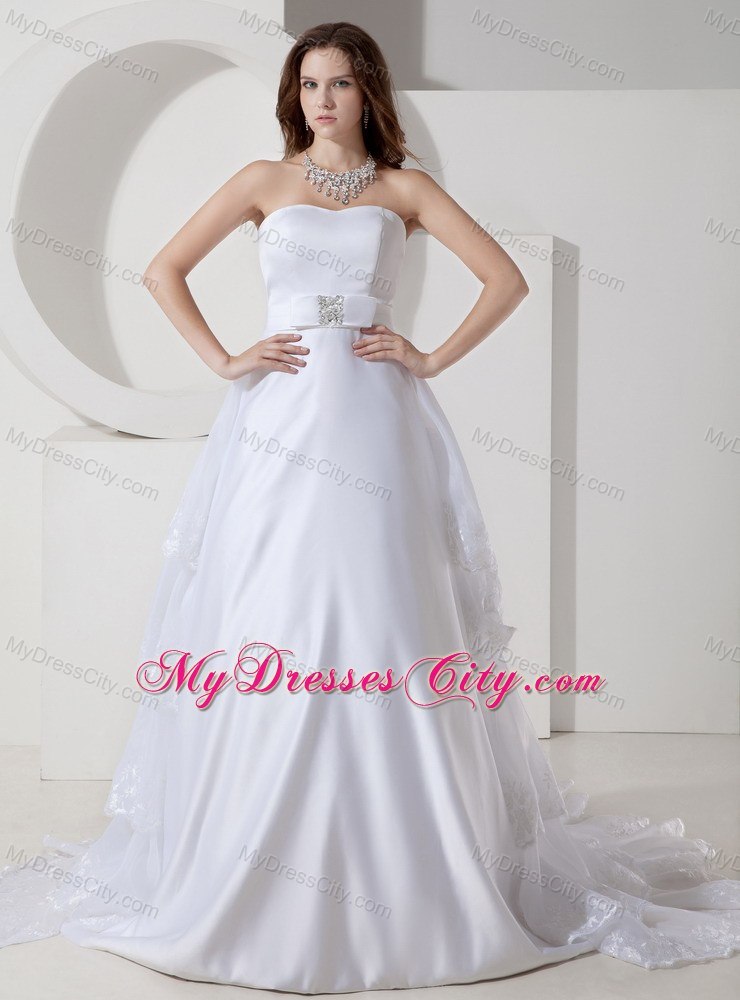 Lace Layers Back Court Train Garden Wedding Dresses with Beaded Bow