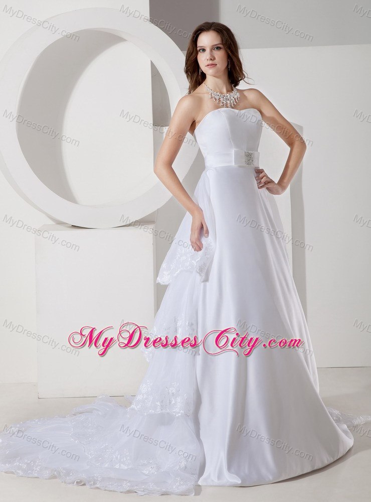 Lace Layers Back Court Train Garden Wedding Dresses with Beaded Bow