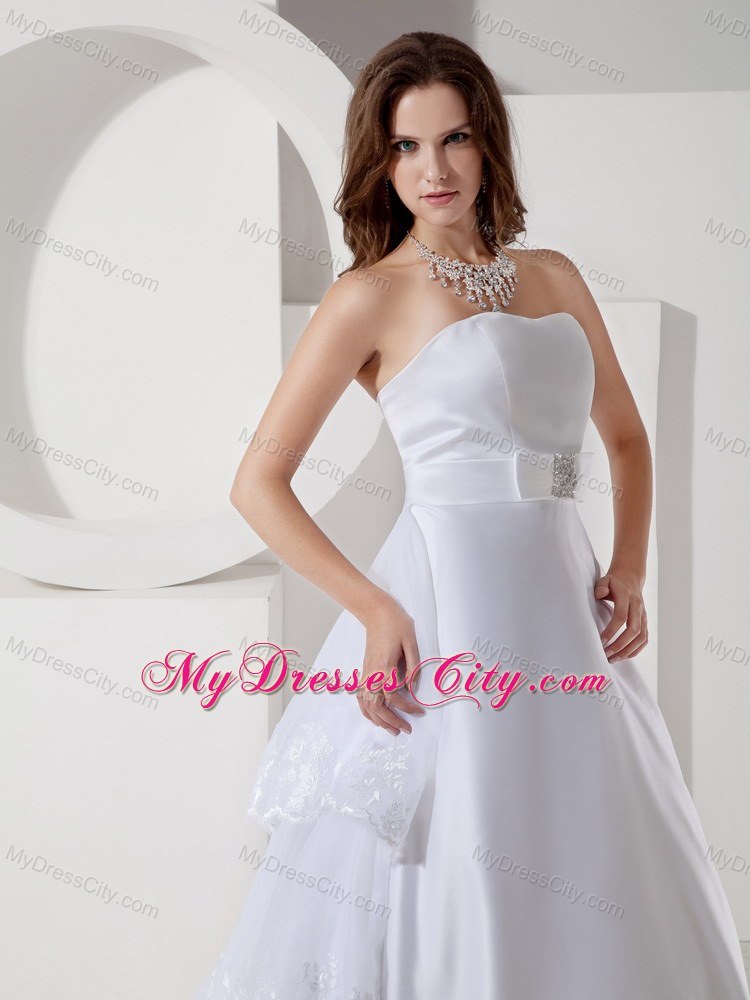 Lace Layers Back Court Train Garden Wedding Dresses with Beaded Bow