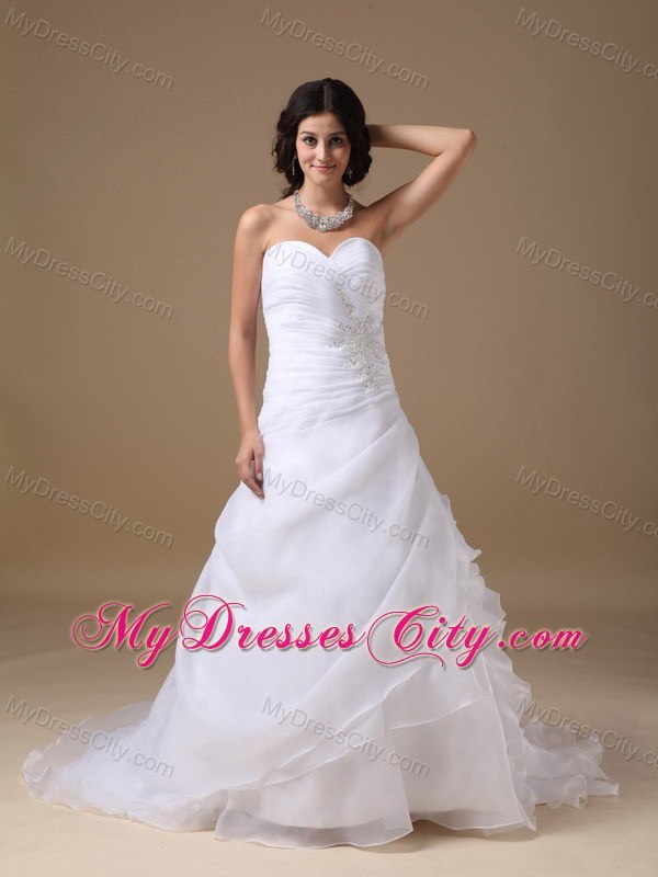 Beaded Appliques Sweetheart Ruffles Court Train Organza Wedding Dresses