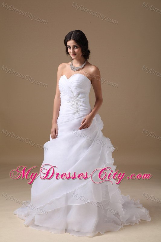 Beaded Appliques Sweetheart Ruffles Court Train Organza Wedding Dresses