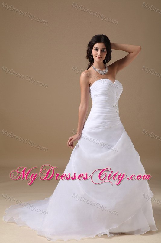 Beaded Appliques Sweetheart Ruffles Court Train Organza Wedding Dresses