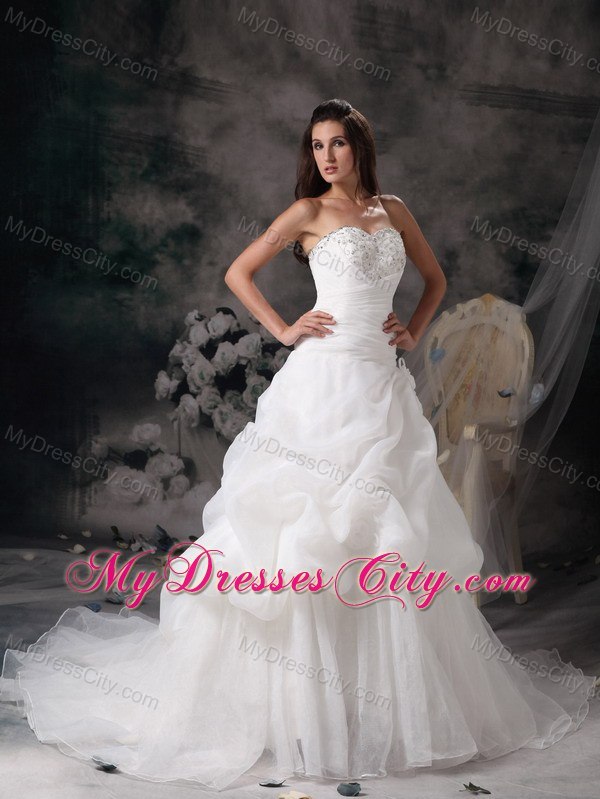 Beaded Sweetheart Pick Ups Organza Ruching Court Train Wedding Dresses