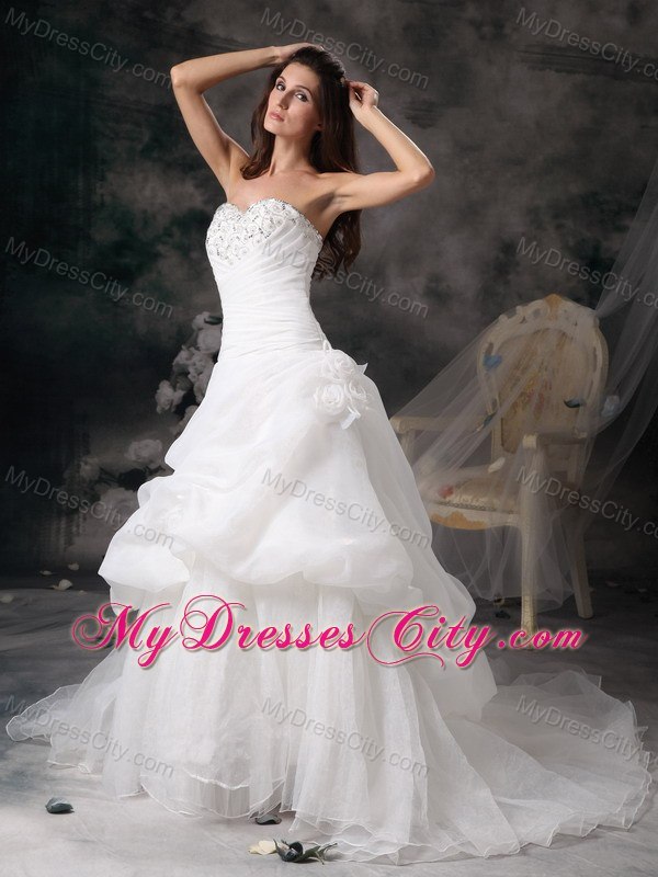 Beaded Sweetheart Pick Ups Organza Ruching Court Train Wedding Dresses