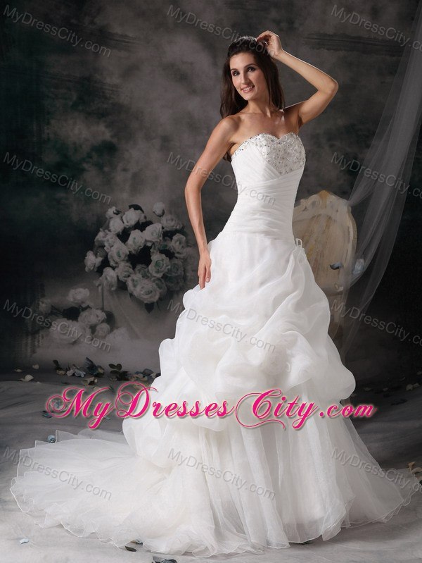 Beaded Sweetheart Pick Ups Organza Ruching Court Train Wedding Dresses