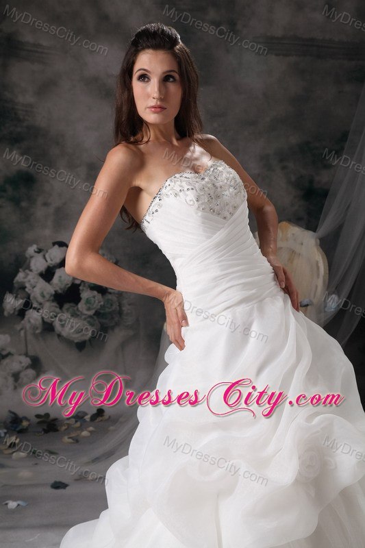 Beaded Sweetheart Pick Ups Organza Ruching Court Train Wedding Dresses