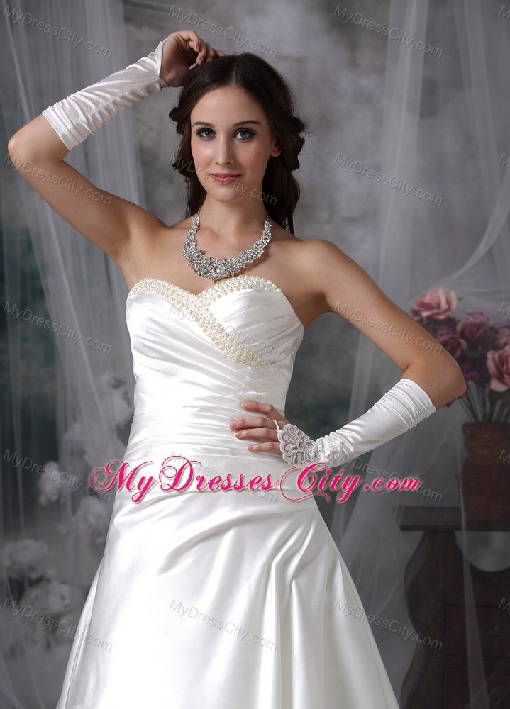 Ruching Beaded Sweetheart Satin Court Train Garden Wedding Dress