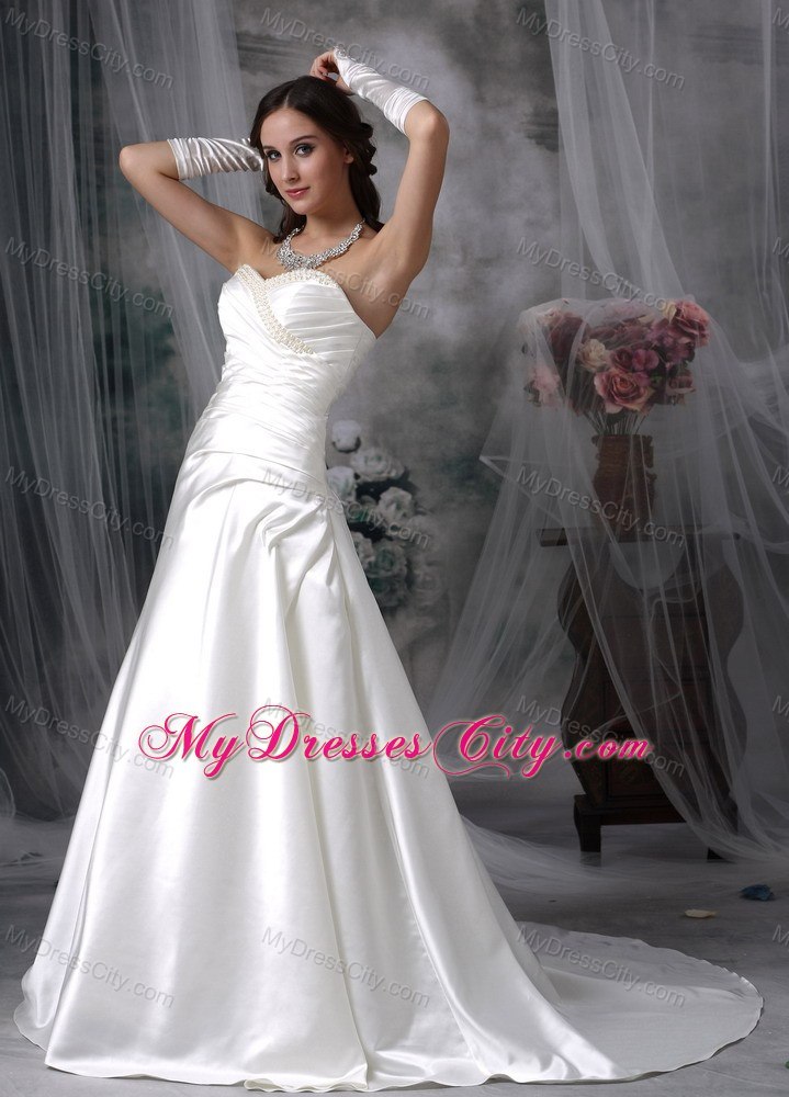 Ruching Beaded Sweetheart Satin Court Train Garden Wedding Dress