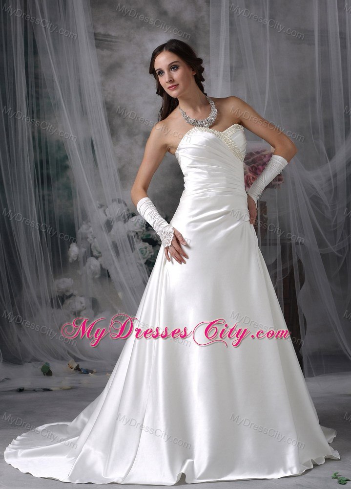 Ruching Beaded Sweetheart Satin Court Train Garden Wedding Dress