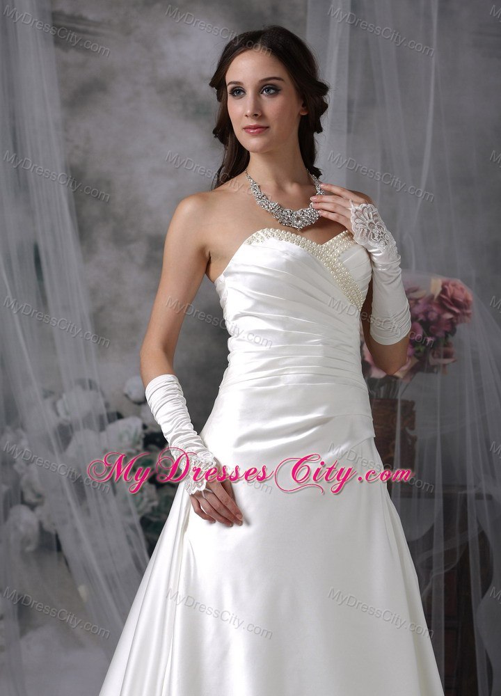 Ruching Beaded Sweetheart Satin Court Train Garden Wedding Dress