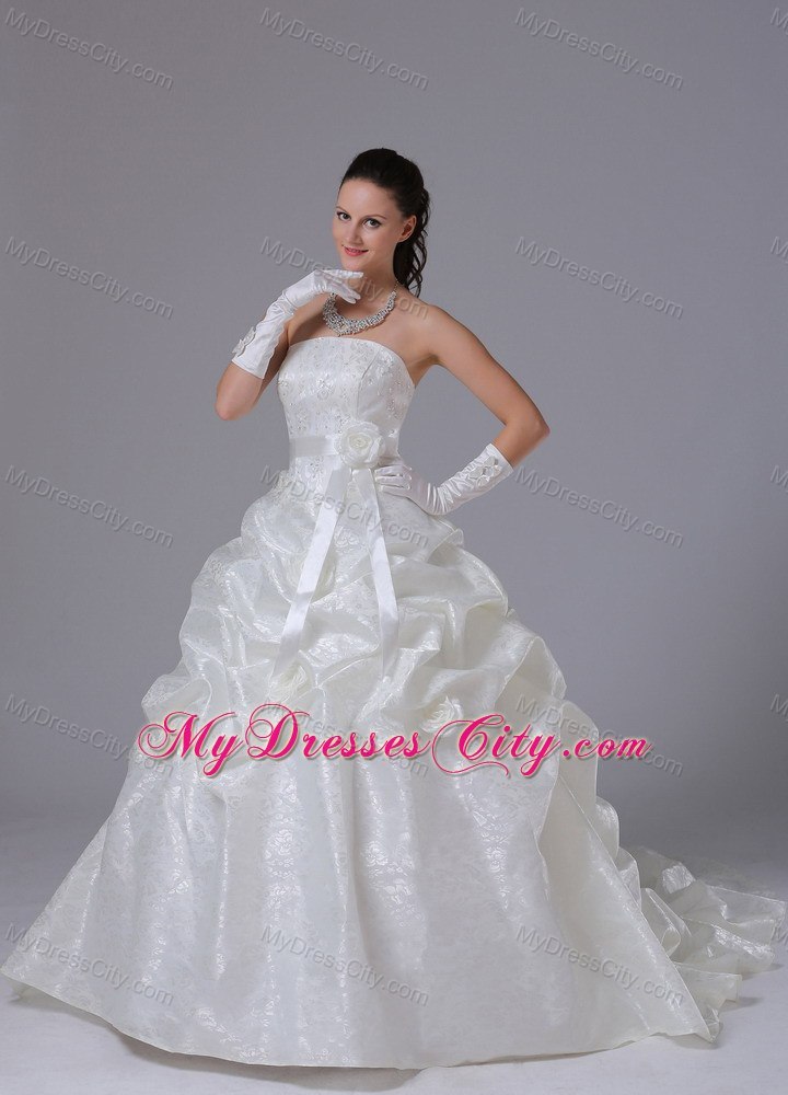 Stylish Pick Ups Flowers Sash Court Train Church 2013 Wedding Dresses