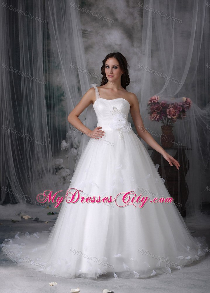 Single Shoulder Watteau Train Flowers Tulle Church Wedding Dresses