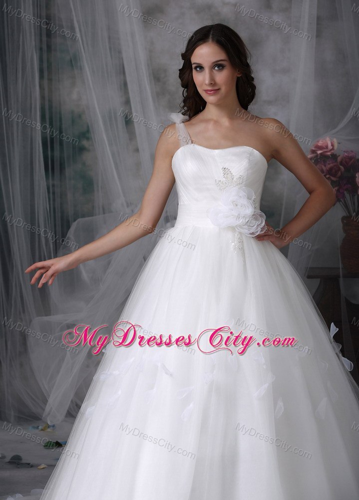 Single Shoulder Watteau Train Flowers Tulle Church Wedding Dresses