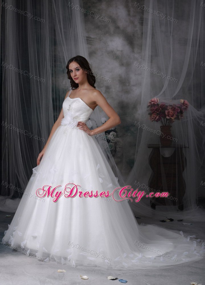 Single Shoulder Watteau Train Flowers Tulle Church Wedding Dresses