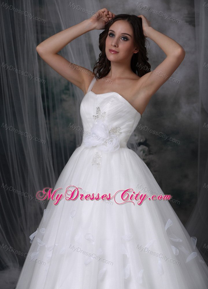 Single Shoulder Watteau Train Flowers Tulle Church Wedding Dresses